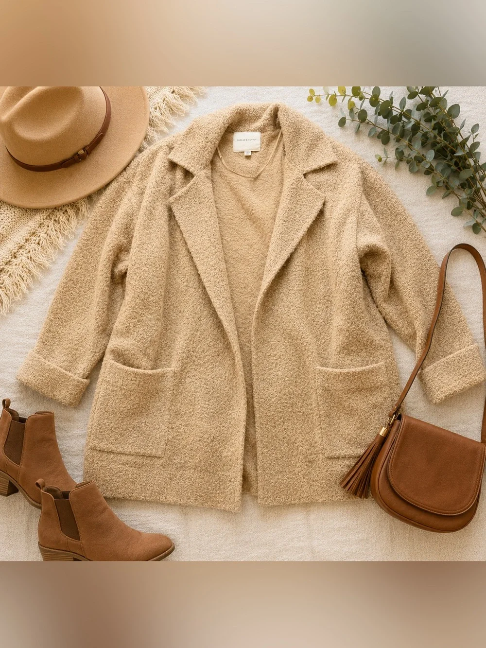 Thread & Supply Camel Bouclé Open Front Cardigan Jacket XXL